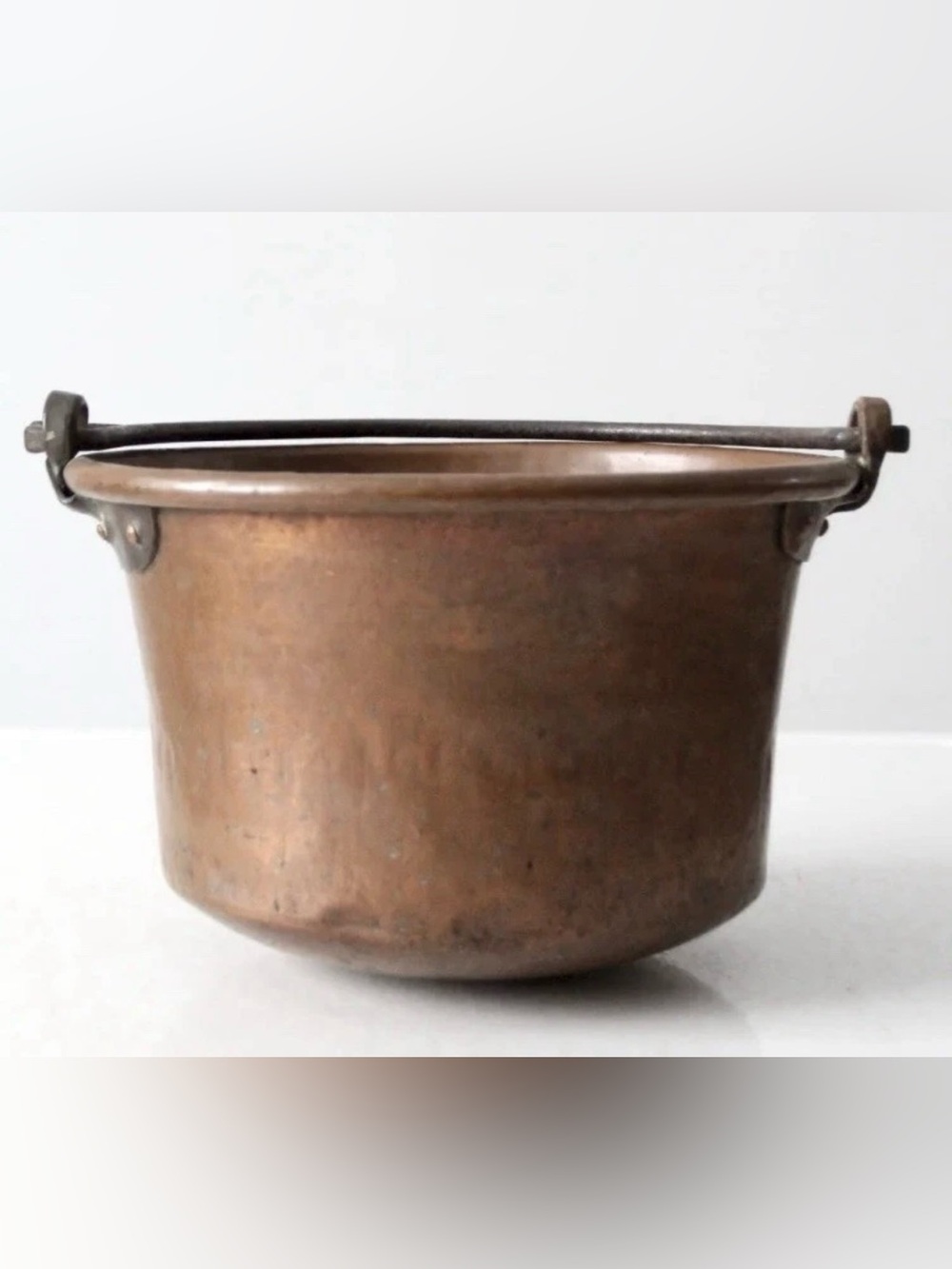 Antique Hand-Hammered Copper Pot with Iron Handle Rustic Cauldron Kettle 6”Wide
